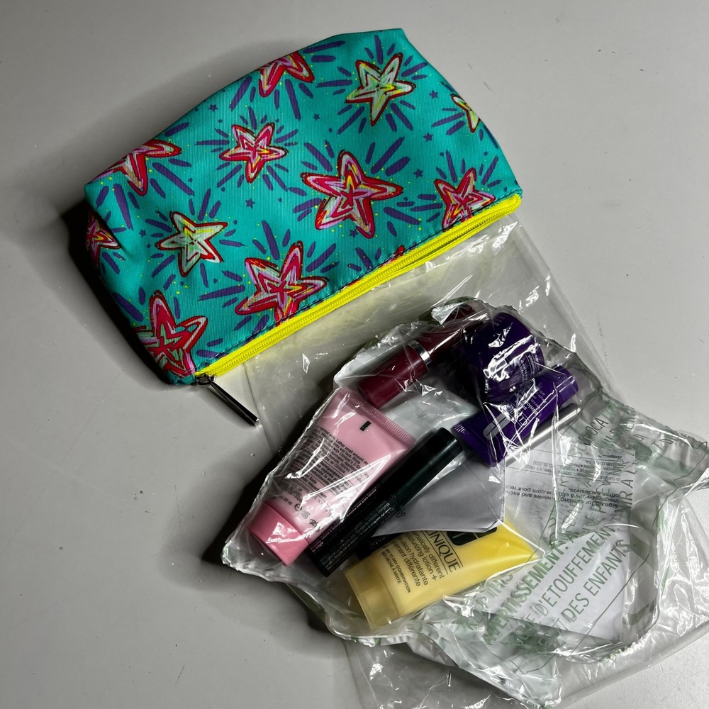 Clinique 6pc Skincare Makeup Gift‎ Set Teal Star Bag Mascara Moisturizer New